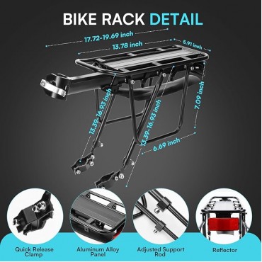 Rear Bike Rack, 110 LB Capacity Quick Release Bike Cargo Racks with Mudguard and Reflective, Adjustable Aluminum Alloy Ebike Carrier Rack for 26"-29" Frames